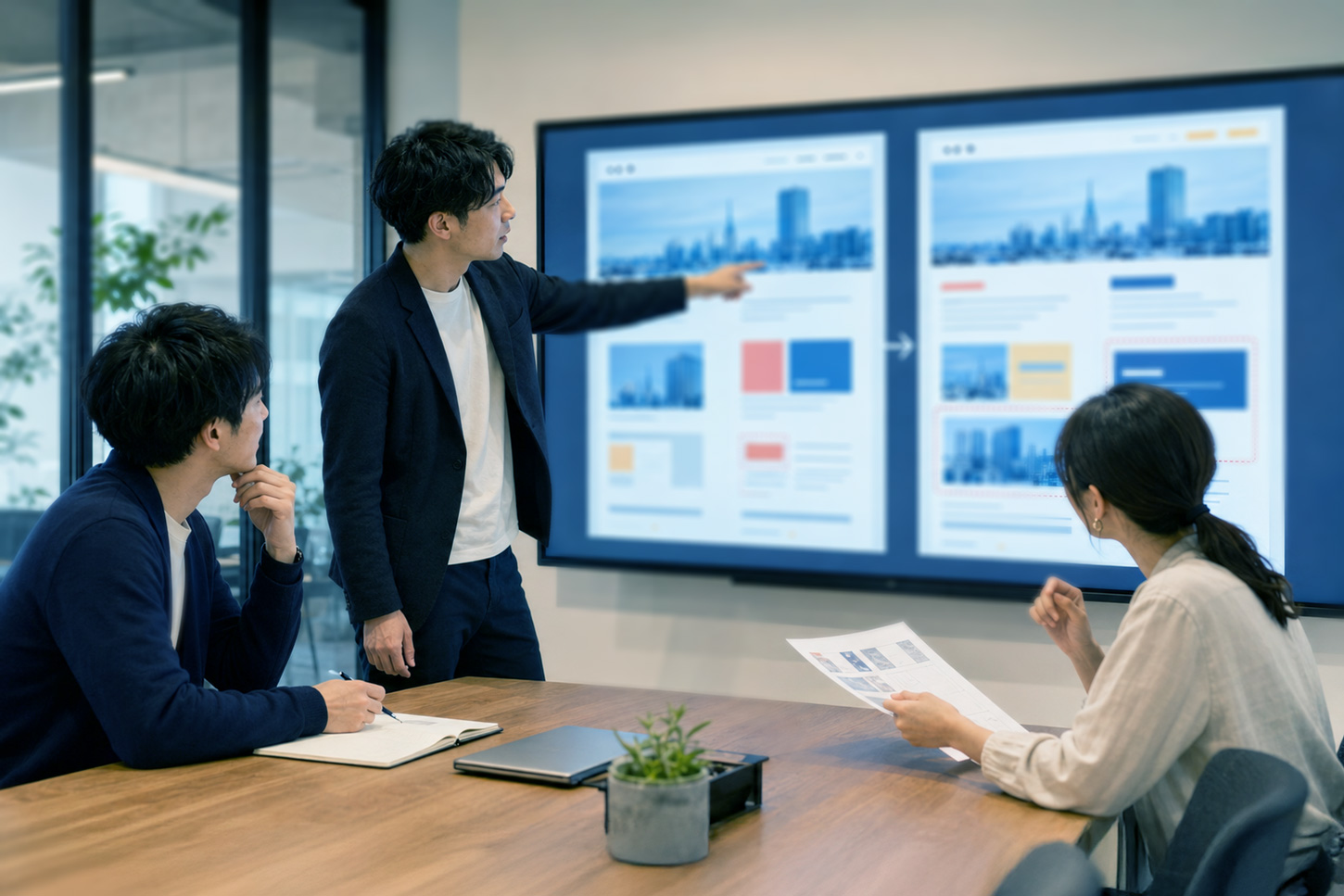 画像を選びながら企業サイトを検討するチーム