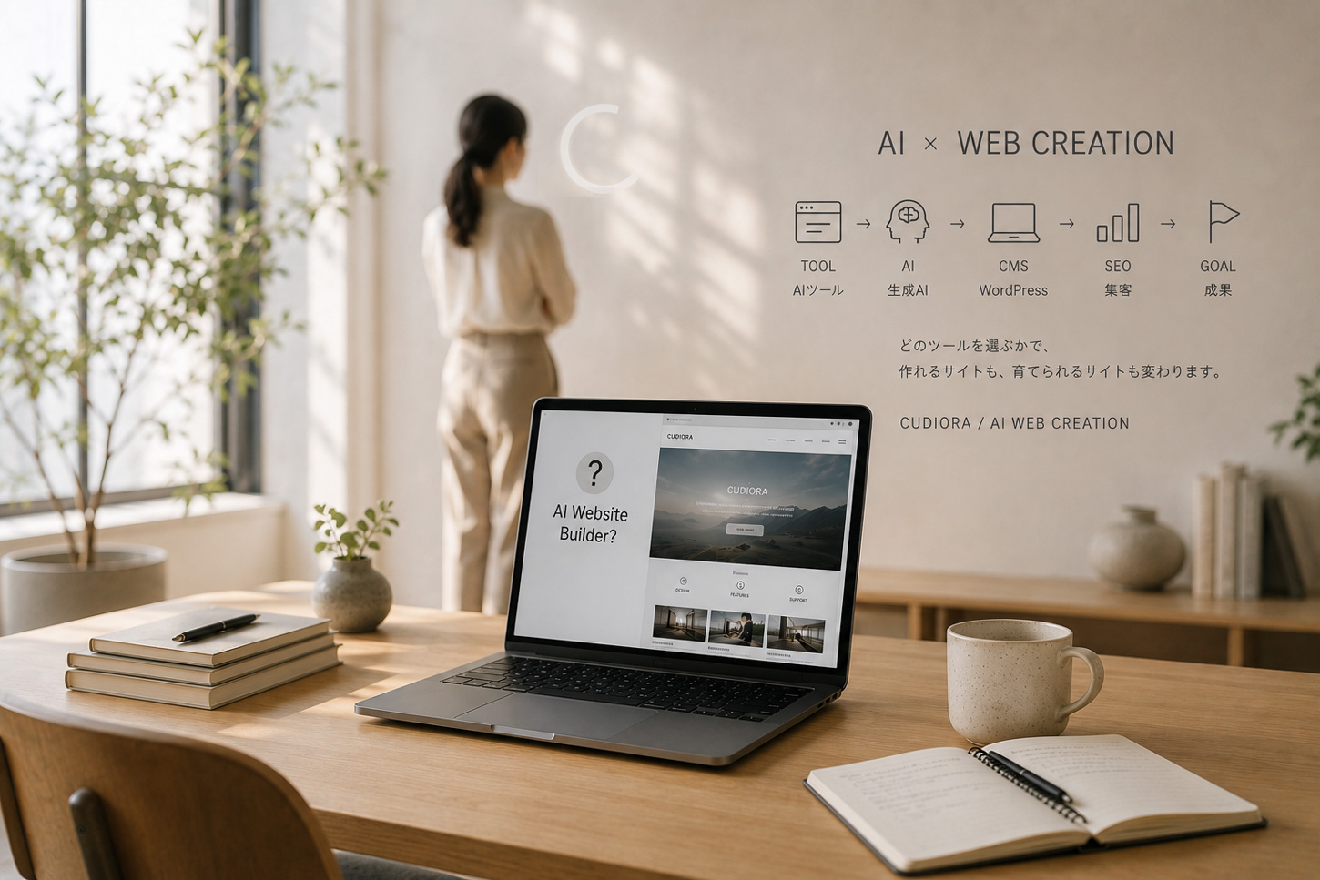 AI Webサイト作成ツールとWordPress、生成AIの選択を考えるイメージ